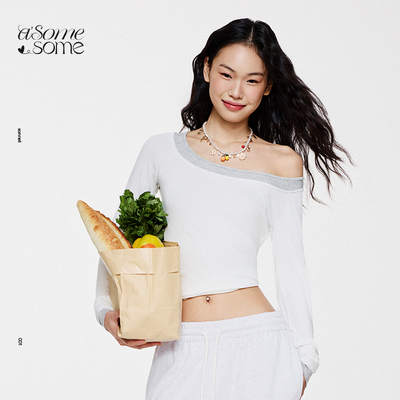 asomesome斜肩假两件修身长袖女
