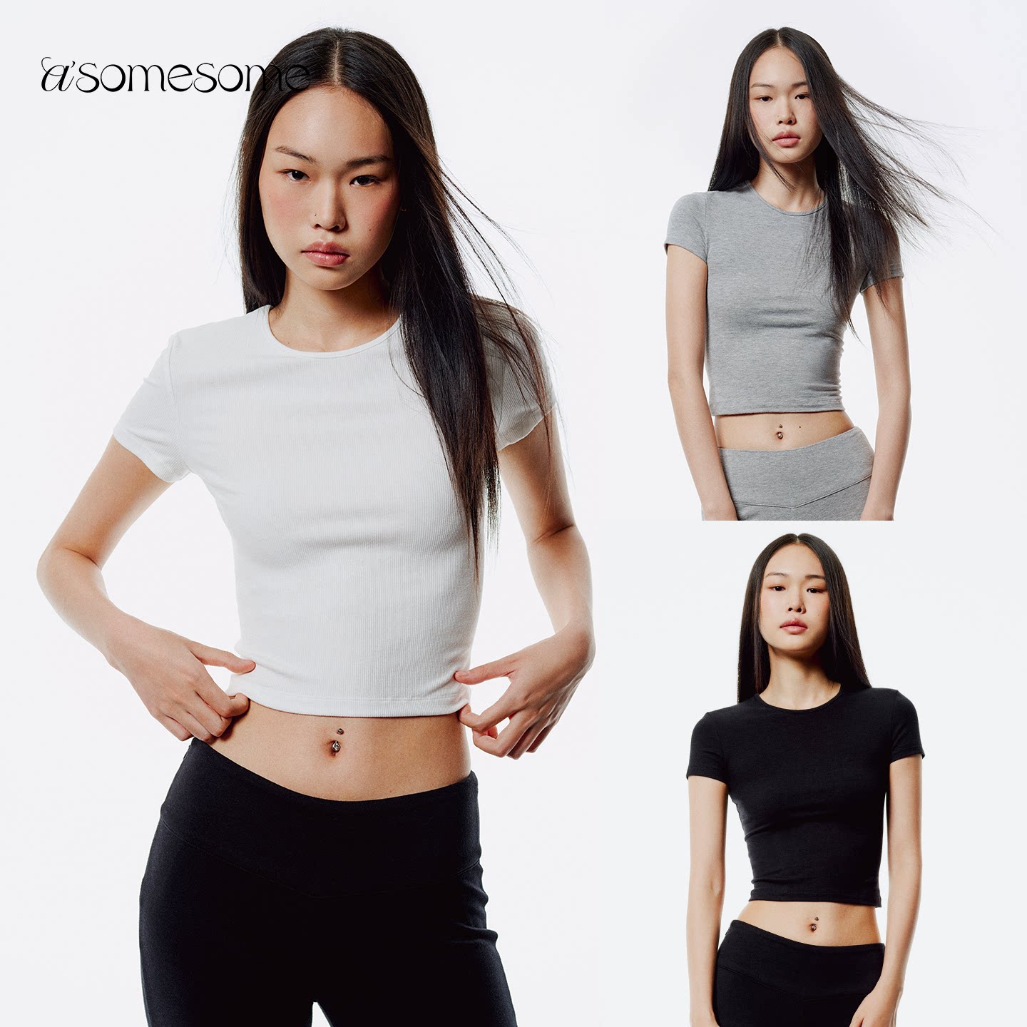 asomesome白色圆领修身正肩短袖t恤女短款紧身收腰运动半袖上衣