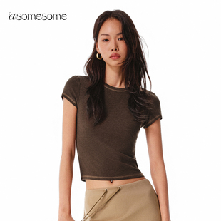 asomesome美式复古撞色天丝羊毛短袖女秋透气舒适T恤紧身针织上衣