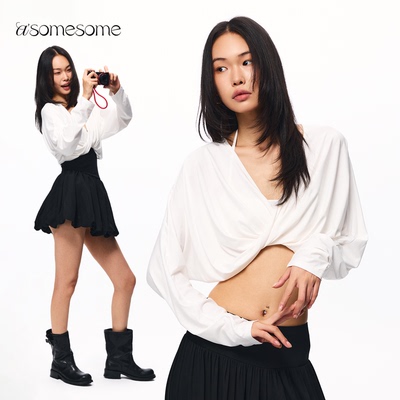 asomesome莫代尔扭结V领露脐罩衫