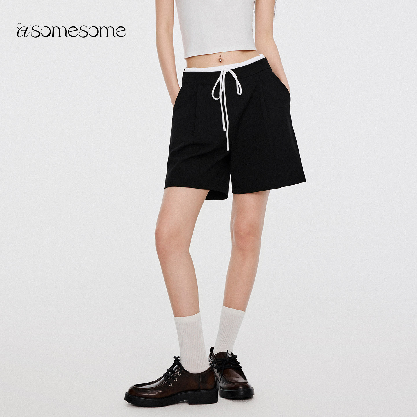 asomesome美式双腰头黑色西装短裤女夏休闲运动中裤直筒五分短裤