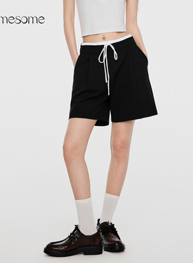 asomesome美式双腰头黑色西装短裤女夏休闲运动中裤直筒五分短裤