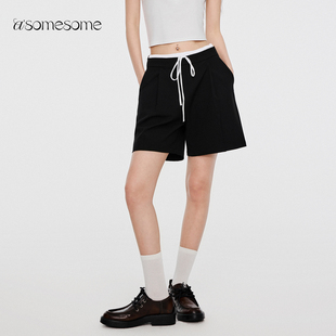 直筒五分短裤 asomesome美式 女夏休闲运动中裤 短裤 双腰头黑色西装