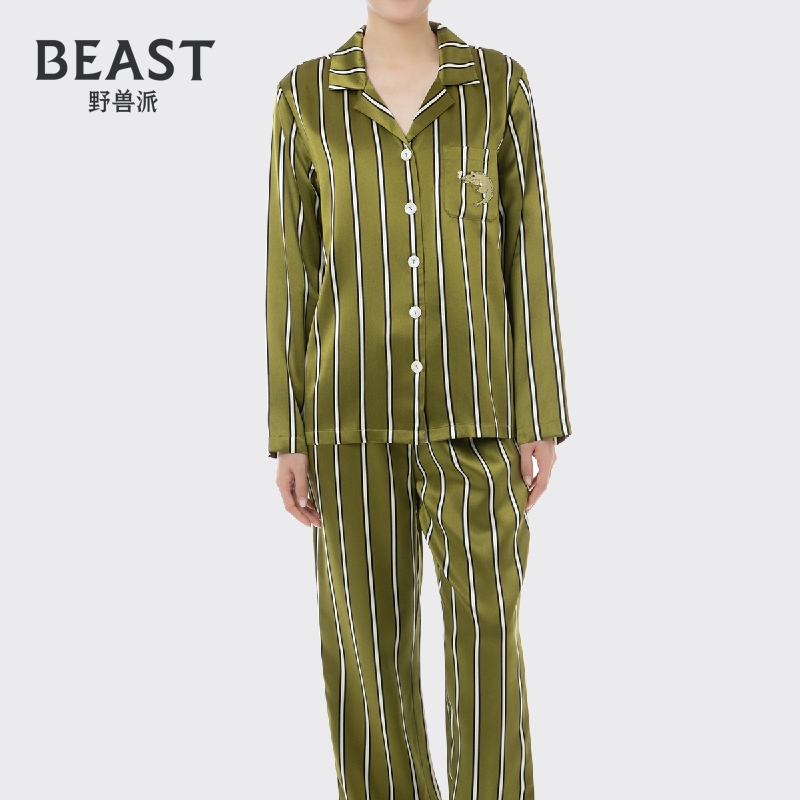 那个野兽男女真丝条纹家居服情侣