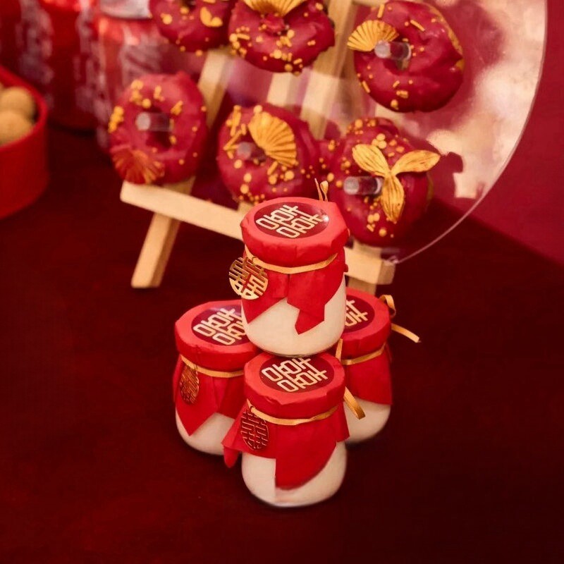 结婚红色喜字布丁杯封口纸装饰