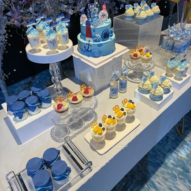 婚礼订婚蓝色甜品台装饰布置烘焙插件插牌蛋糕纸杯慕斯杯贴纸桌布