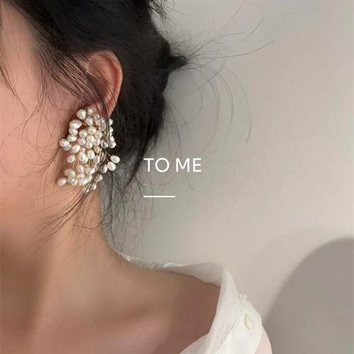 Tome/ 夸张瀑布珍珠流苏耳钉手工编织高级感耳环无耳洞蚊香盘耳夹