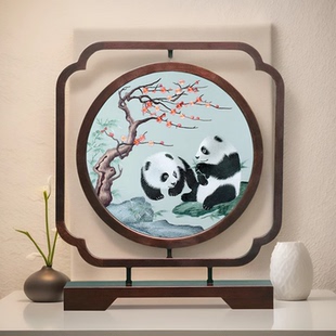 苏绣摆件乔迁手工双面熊猫刺绣摆台送礼中式 工艺品外国高端礼品