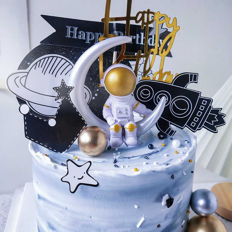 宇航员蛋糕装饰摆件宇宙航天飞机金银球儿童生日太空主题烘焙装扮