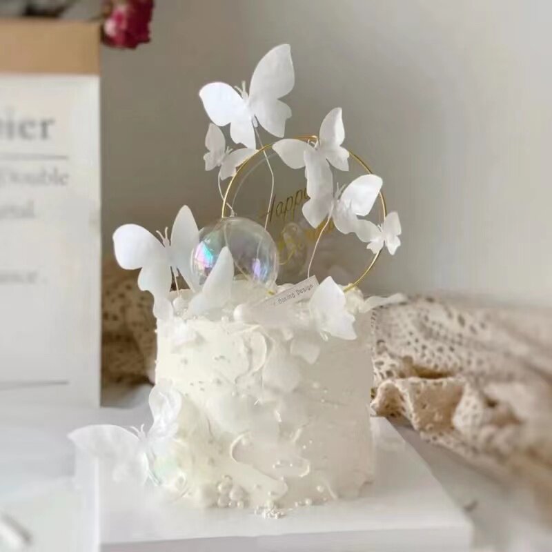 情人节七夕网红白色蝴蝶蛋糕装饰插牌铁艺亚克力生日快乐插件