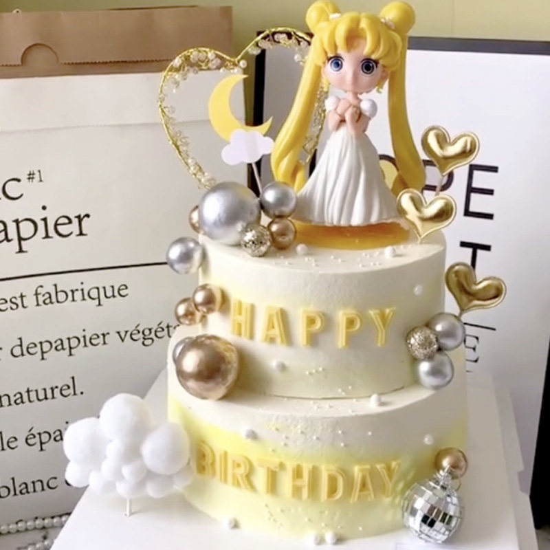 宝宝生日蛋糕装饰心形珍珠插牌白裙美少女摆件甜品台场景布置