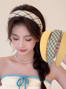 韩系复古黄色格纹海绵发箍女百搭宽边针织发卡高级感头箍2026新款