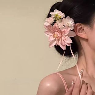 2025原创春桃粉雾超仙森系唯美发夹粉色花朵丝带侧边夹头饰侧边夹