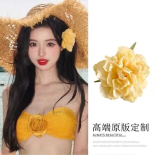 海边度假风花朵发夹边夹仿真花黄色牡丹花侧边耳后发卡发饰甜美