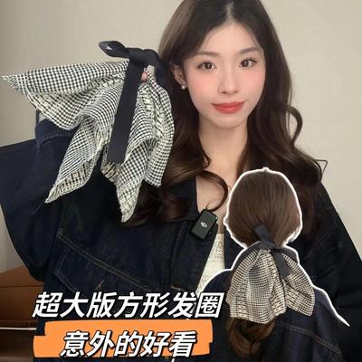 百搭显脸小超大号蝴蝶结方形发圈韩国气质大肠扎马尾格纹发饰头饰