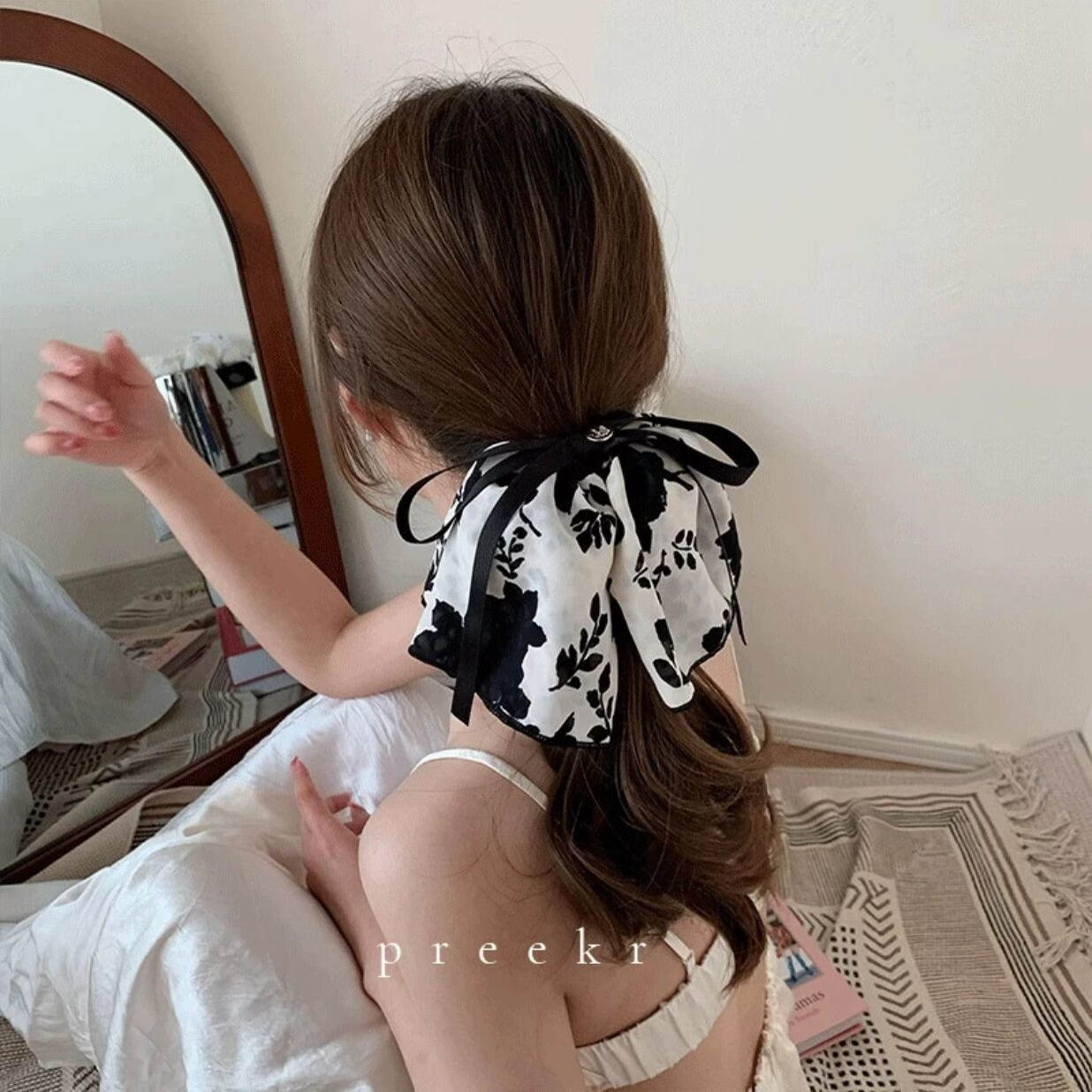 国风古典优雅印花蝴蝶结水墨飘带大肠发圈小众设计高级感发带发饰