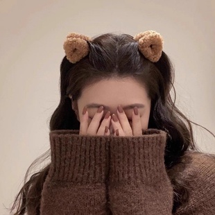 2025年秋冬新款毛毛小熊耳朵发夹网红气质猫耳对夹公主头饰夹子女