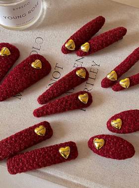 红色氛围感新年发夹手工编织爱心发卡毛线一字夹高颜值侧边bb夹子