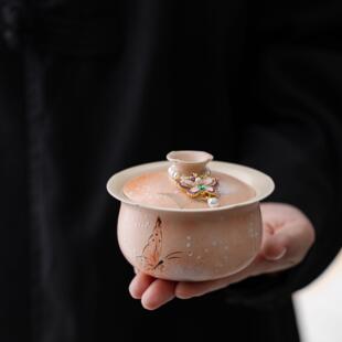 亘古橙色粉引泡茶壶承精致陶瓷茶具手绘釉下彩二才盖碗大容量分茶