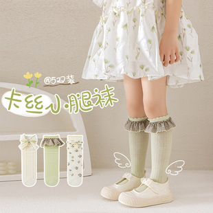 儿童袜子女童夏季薄款配裙子纯色公主风小腿袜中长筒花边韩国纯棉