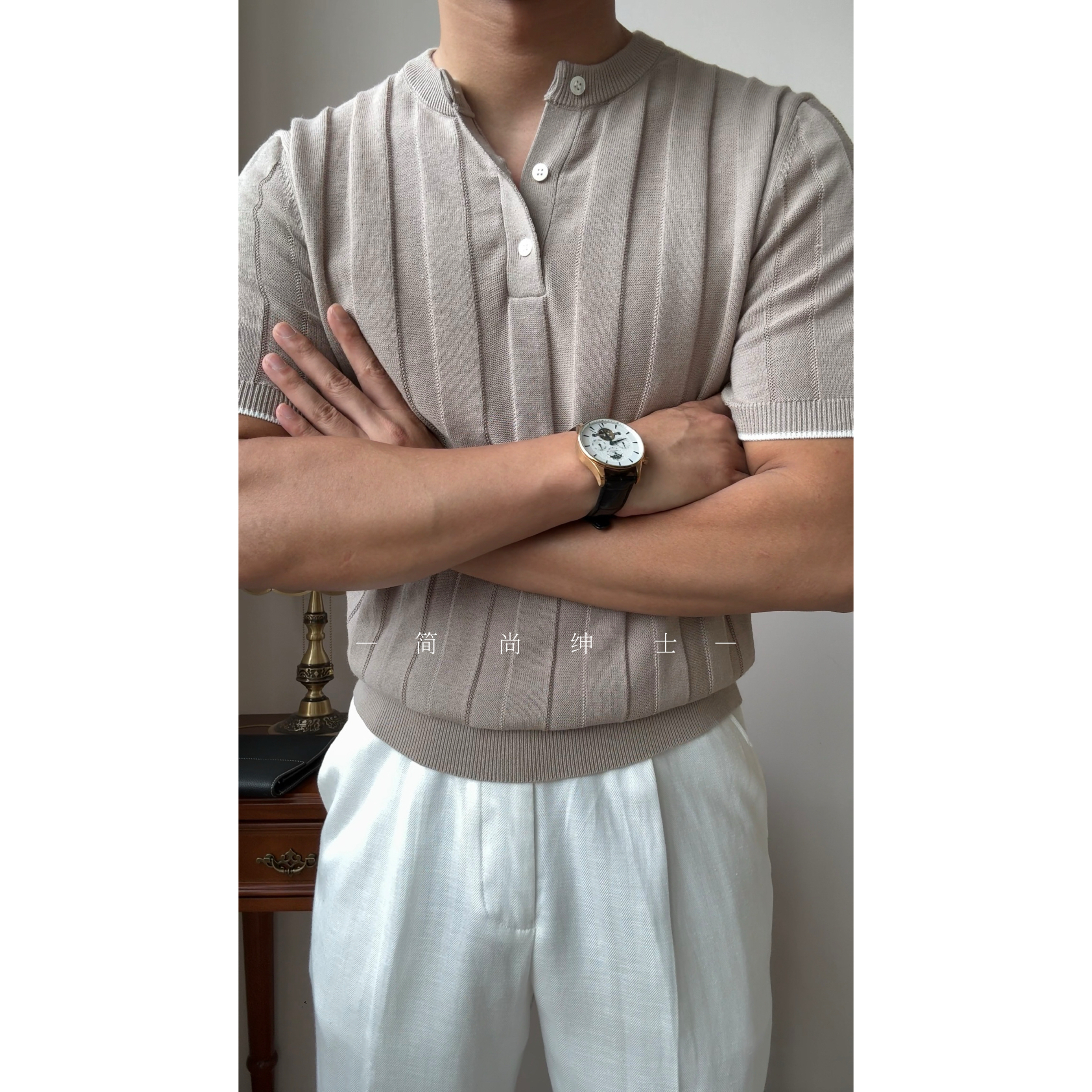 夏季通勤棉麻亨特领POLO衫休闲百搭修身坑条针织衫短袖T恤287