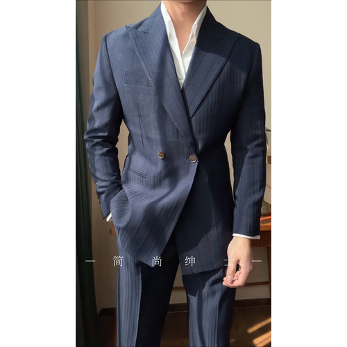 春季意式双排扣两粒扣暗人字纹休闲两件套西服套装925