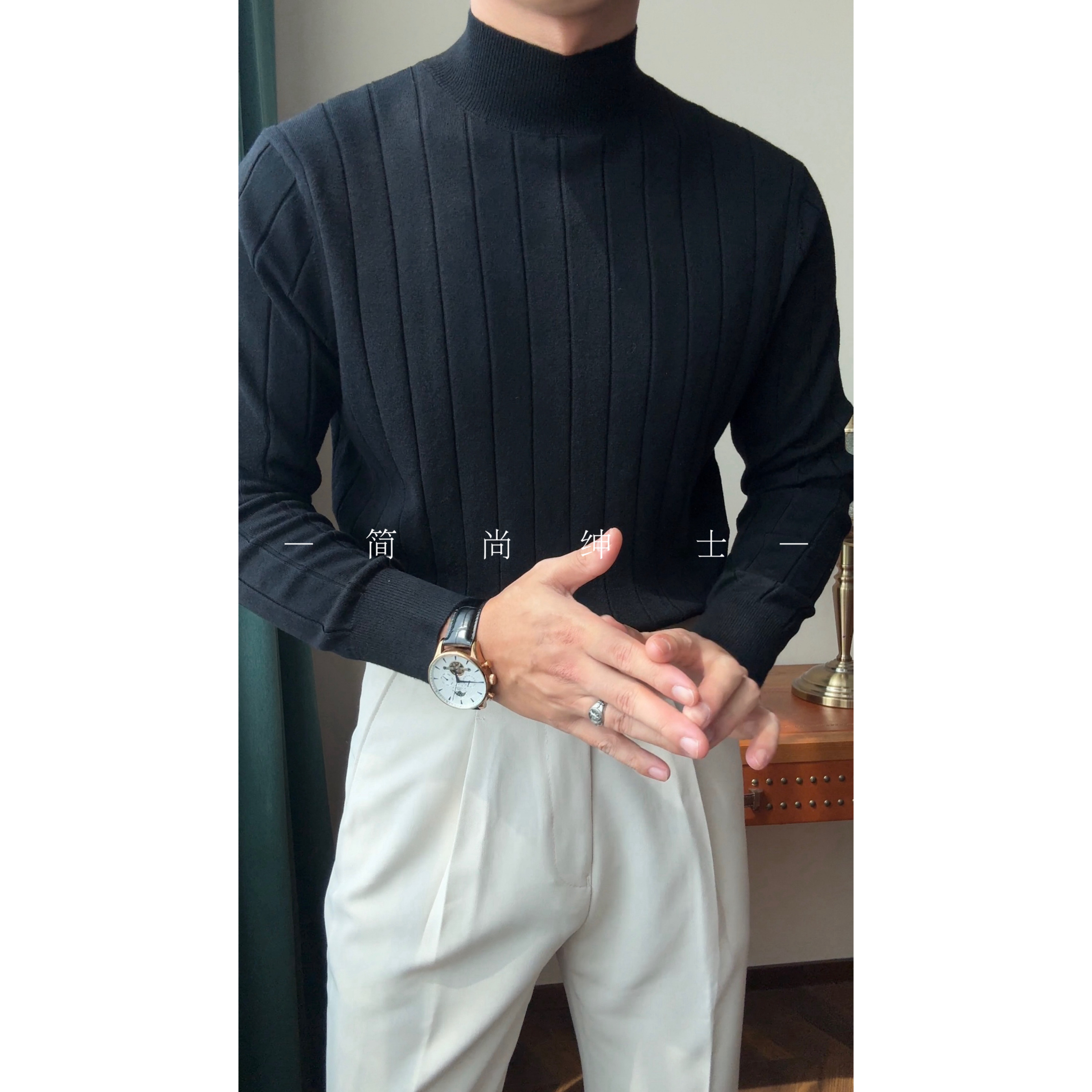 秋冬新款男士休闲绅士竖条纹高领打底针织衫毛衣