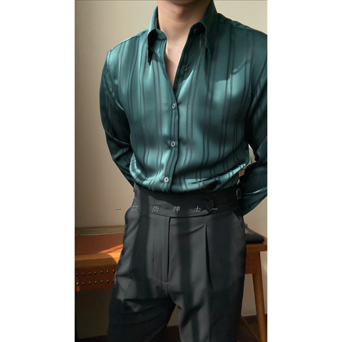 男士春夏痞帅时尚轻奢长袖条纹休闲衬衫3150