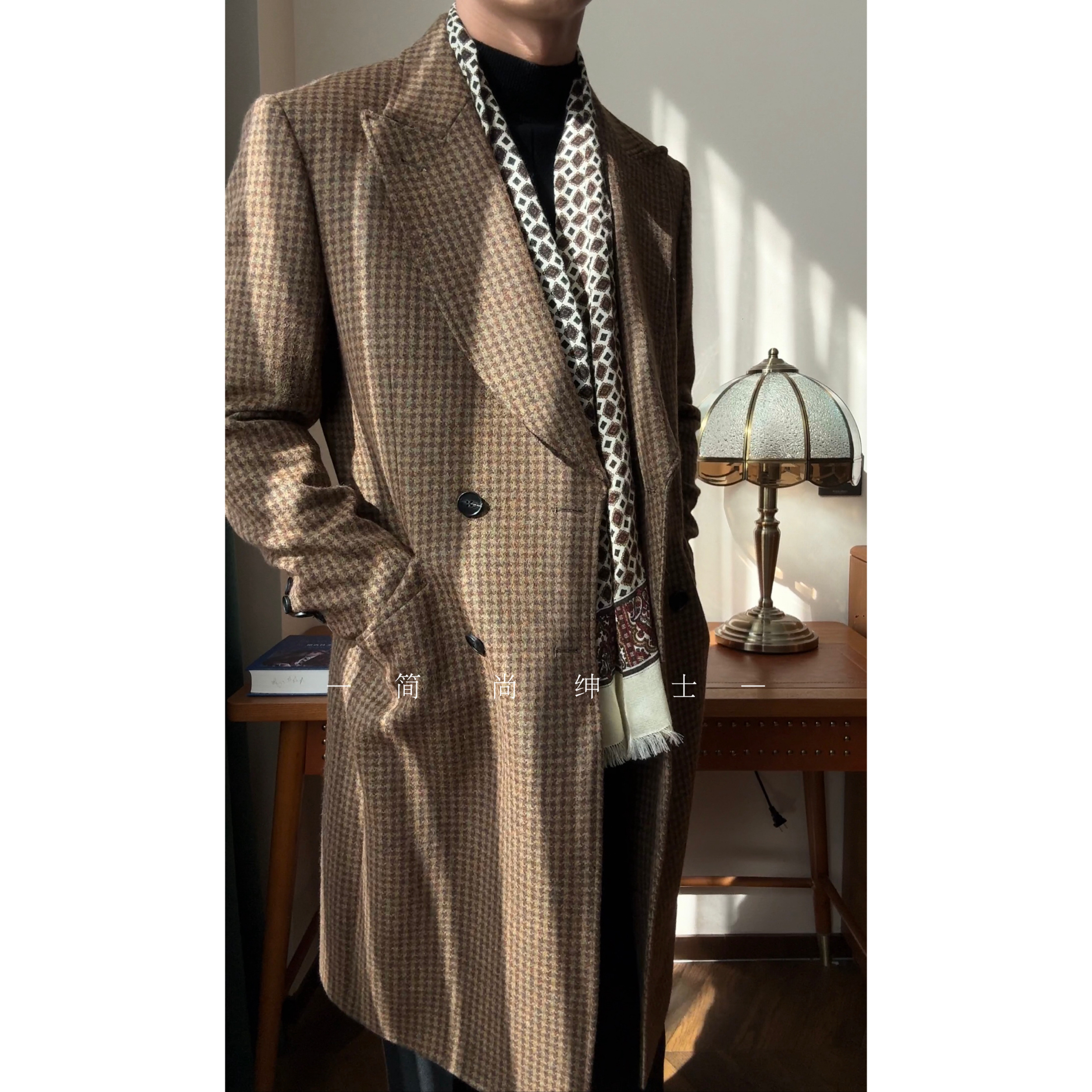 秋冬复古绅士英伦风时髦千鸟格中长款80%厚款羊毛大衣外套