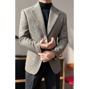 秋冬新款 高级965 老钱风人字纹混纺平驳领单西外套男士