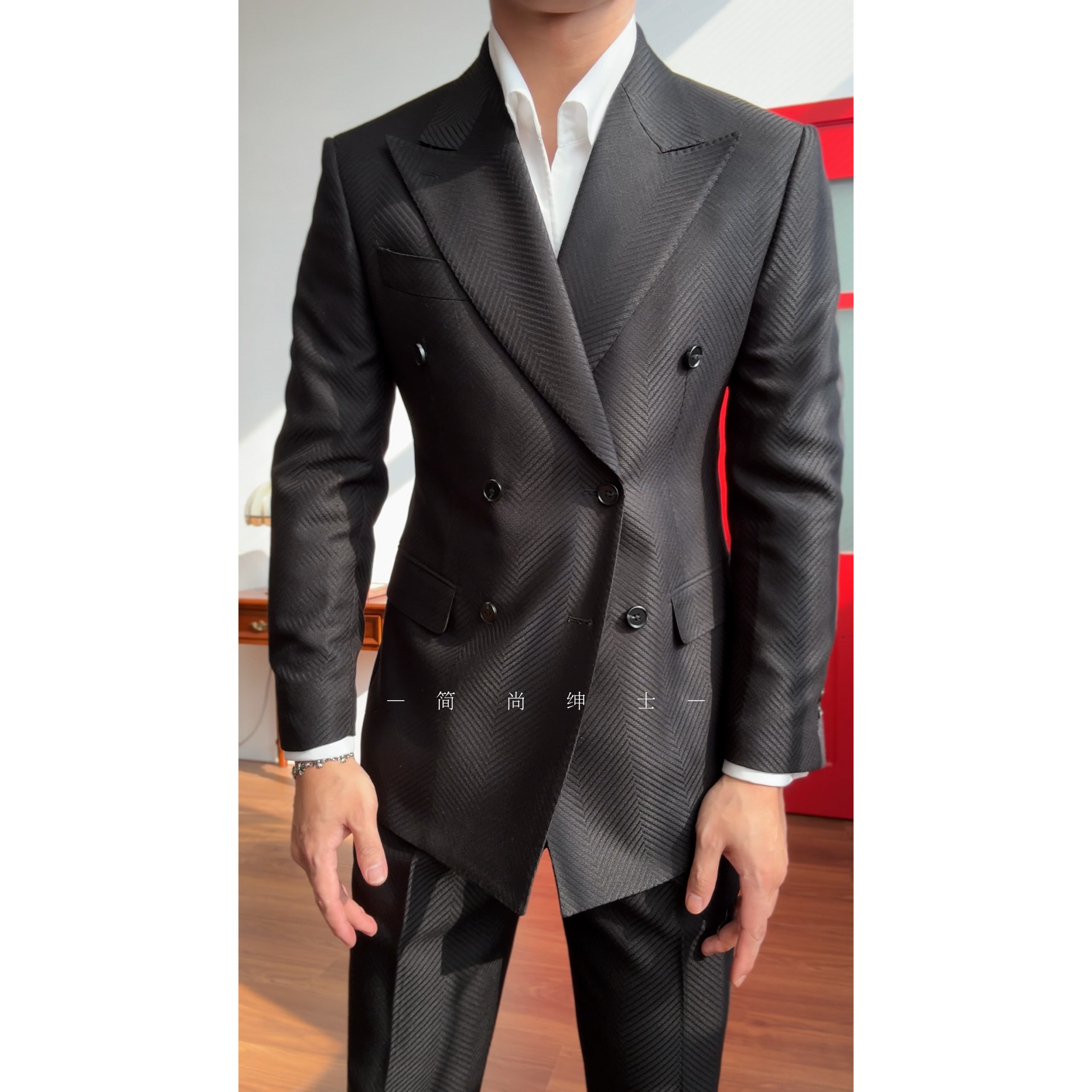 新款早秋人字纹肌理感绅士高级感双排扣西装22202