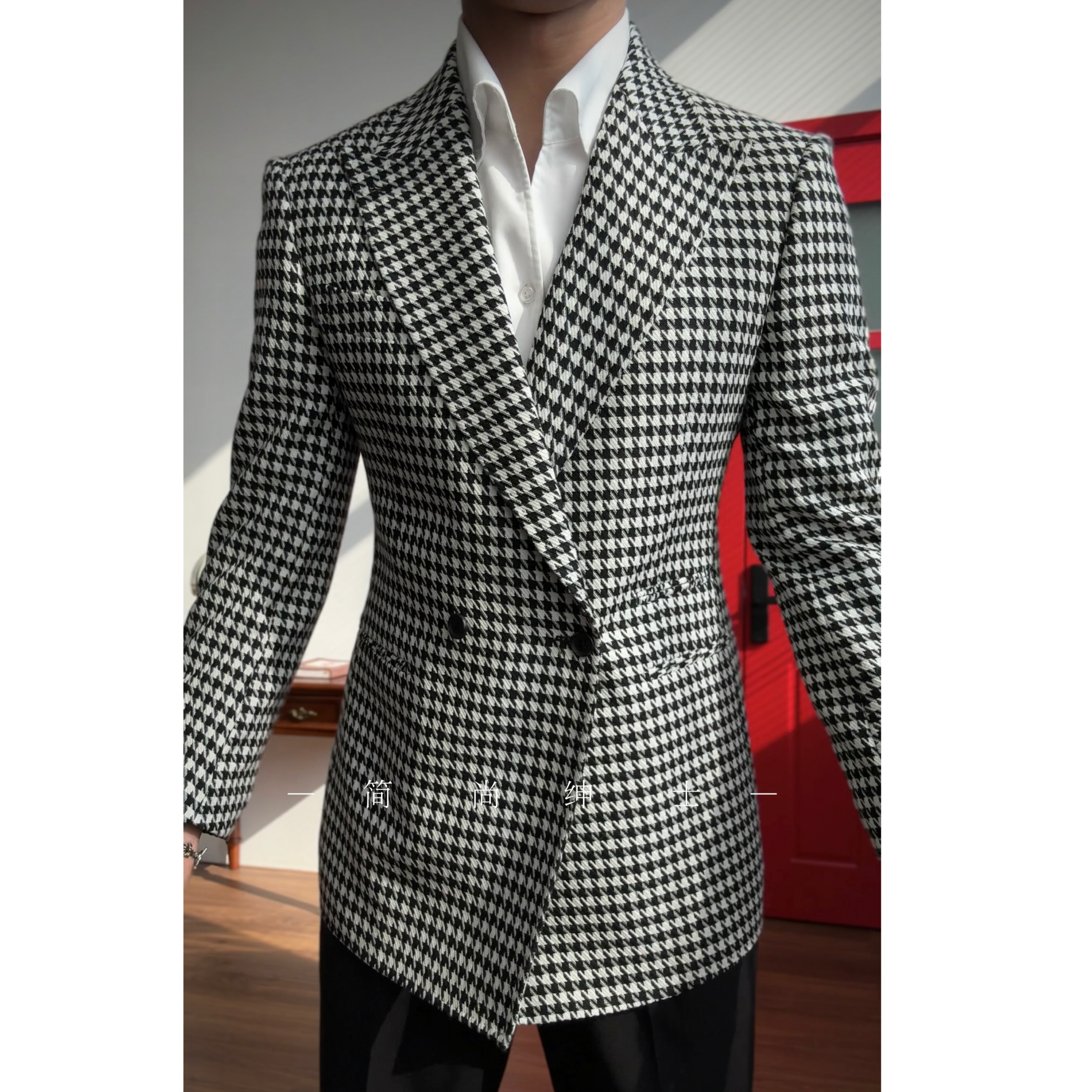 秋冬新款高级感戗脖领千鸟格双排扣单西休闲轻奢12203