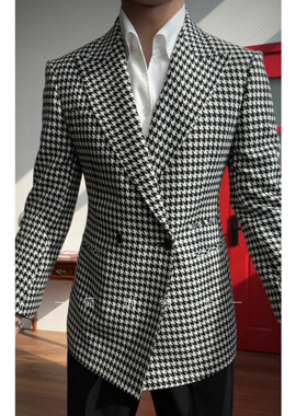 秋冬新款高级感戗脖领千鸟格双排扣单西休闲轻奢12203