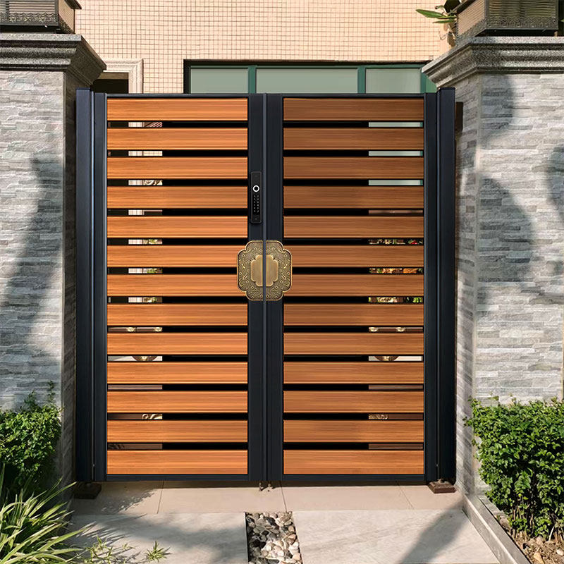 木纹铝艺别墅大门简约格栅花园门农村自建别墅电动门民宿门农村门