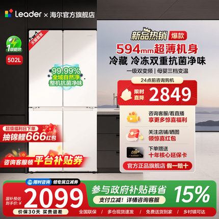 海尔出品统帅502L超薄十字对开四门一级能效双变频无霜家用电冰箱