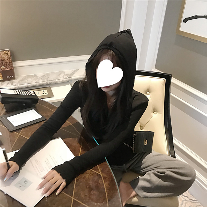10-09新券v领连帽针织黑色t恤女秋季打底衫慵懒风长袖修身紧身上衣2019新款