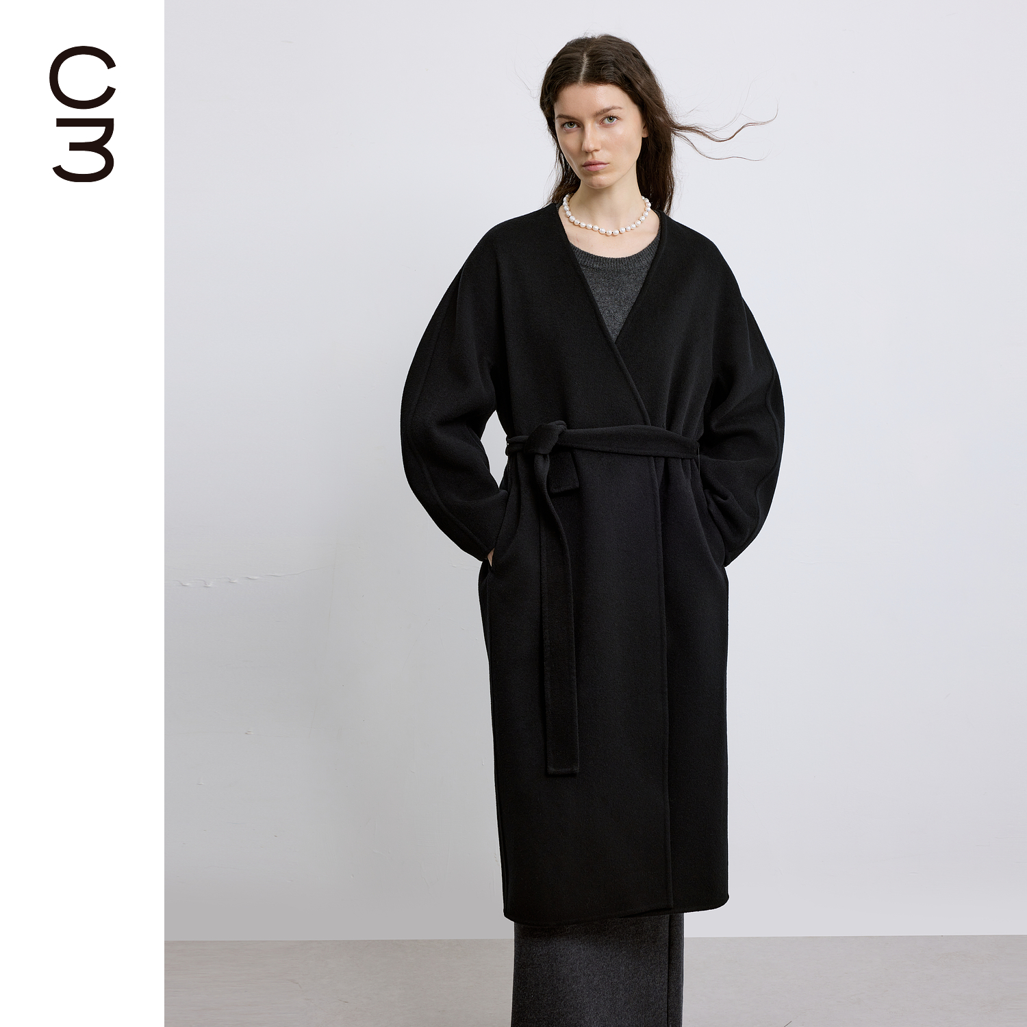 CHICC3立体羊绒羊毛手工双面呢 经典V领弯刀连袖中长廓形大衣