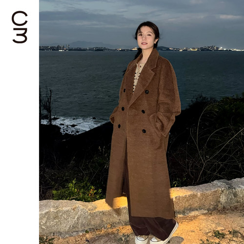 CHICC3李兰迪同款阿尔巴卡羊驼毛大衣翻领双排扣廓形羊毛外套战袍