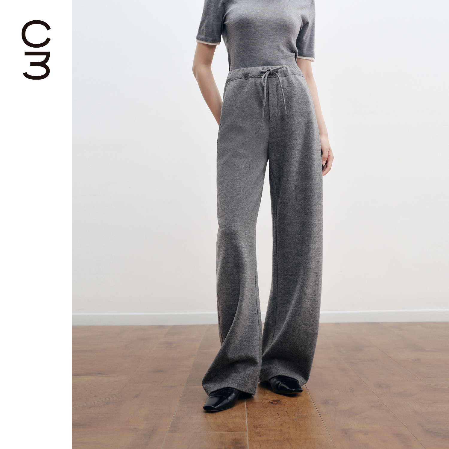 CHICC3弹力针织羊毛弯刀裤显瘦立裁侧缝抽绳松紧腰休闲裤百搭3色