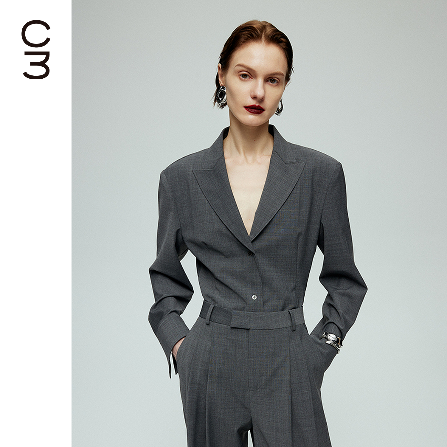 CHICC3羊毛混纺衬衫式西装柔和直角肩戗驳领一粒扣高知通勤外套