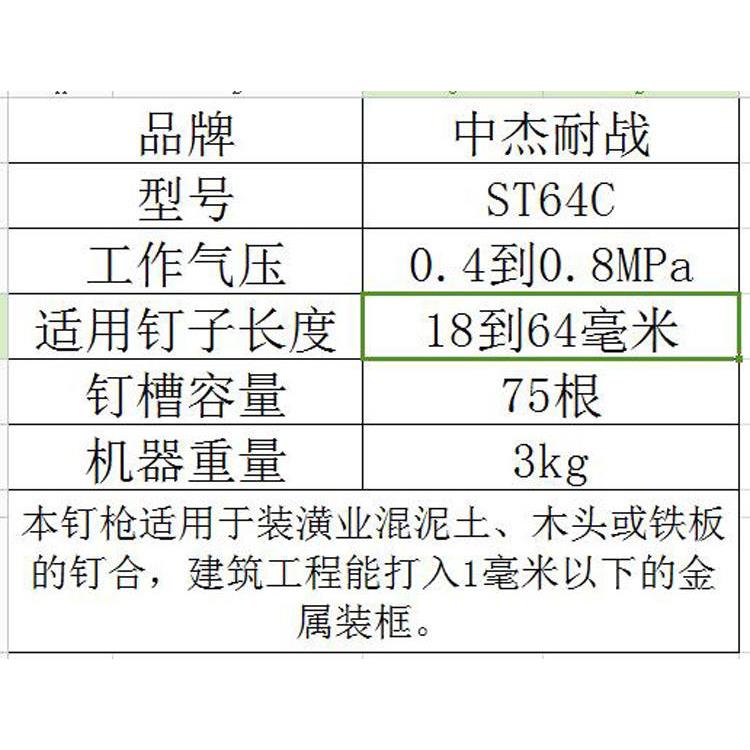 中杰耐战ST64C钢钉枪木工气动钉枪钢排水泥刚钉枪线槽打钉机工具