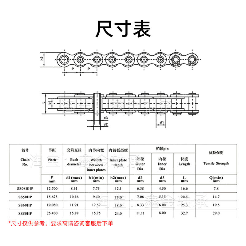 304不锈钢空心工业链条接头4分08BHP 5分10AHP 6分12AHP 1寸16AHP