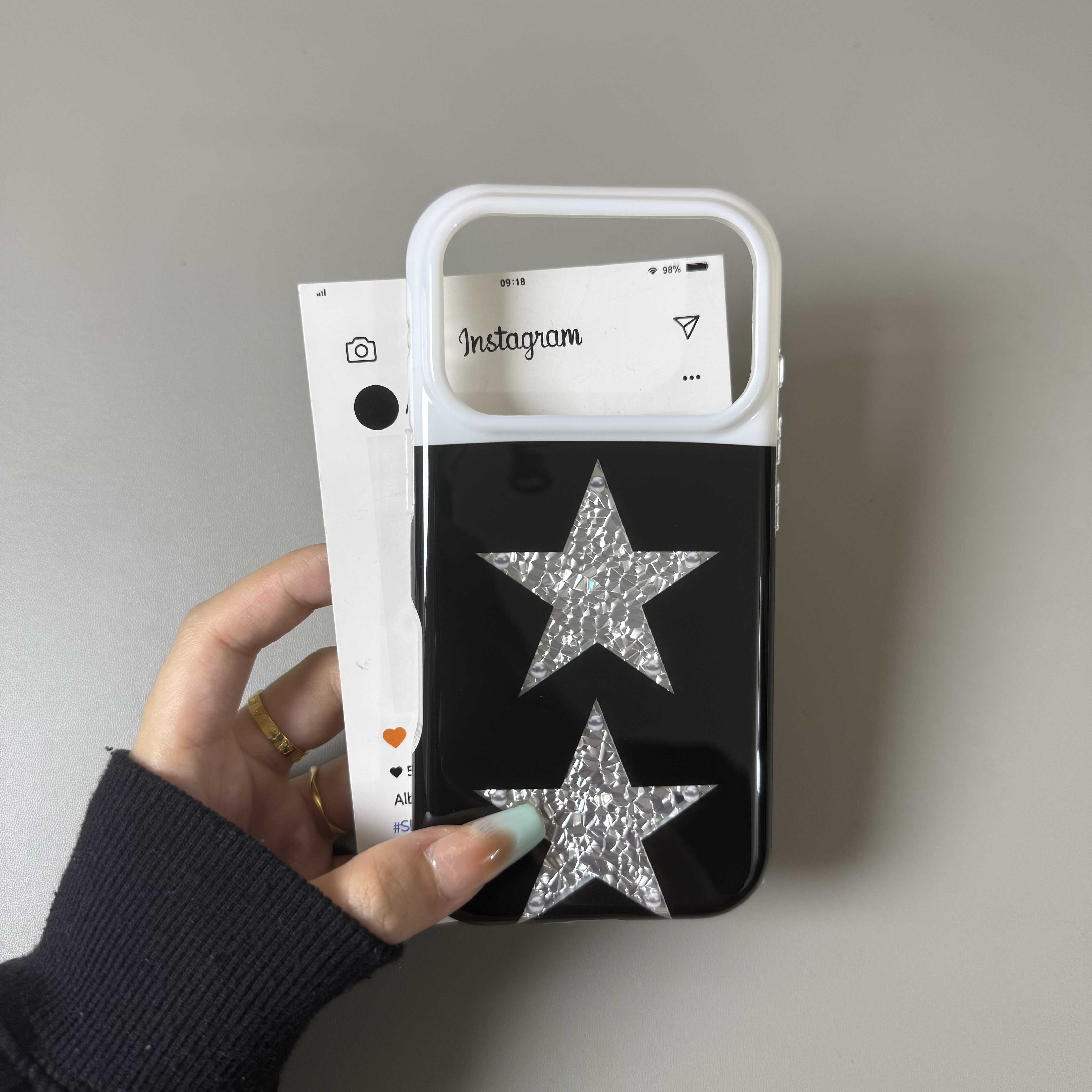 黑白拼接钻石纹星星适用iPhone17手机壳16promax苹果15简约双层高级