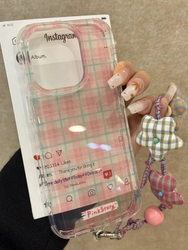 韩系温柔粉绿格纹带挂绳适用iPhone17手机壳16promax苹果15/14/13防摔高级