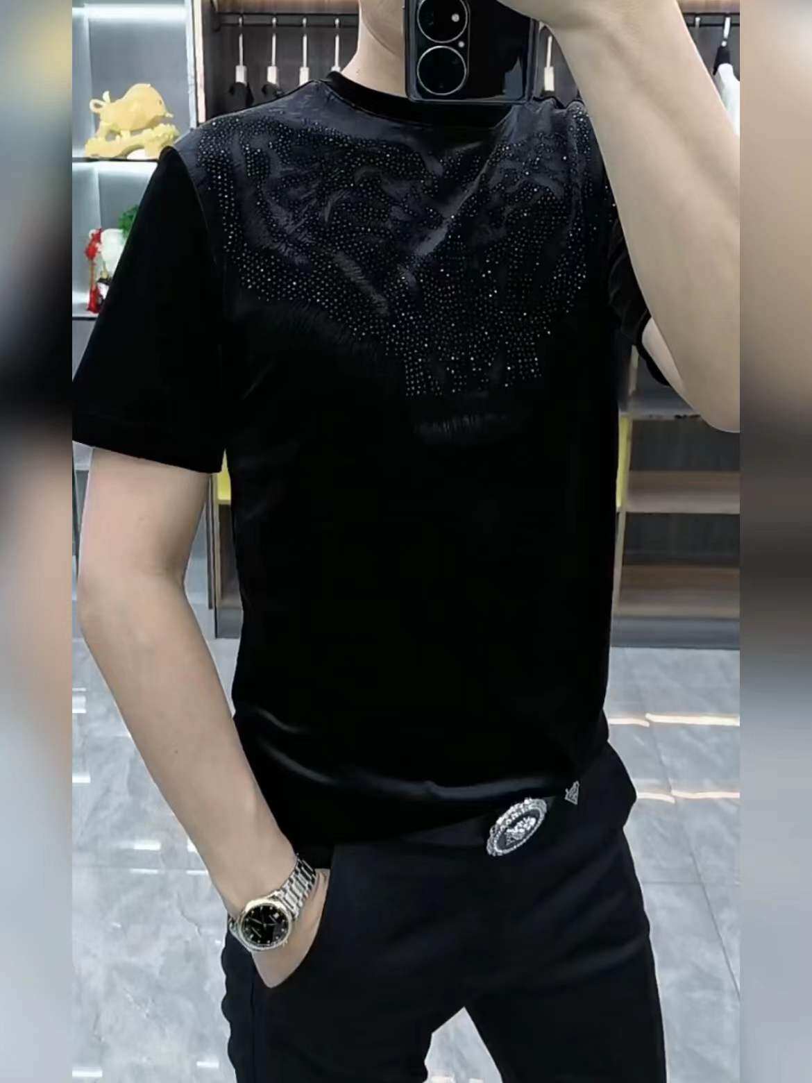 361春季欧货男装新丝光棉保暖加厚新款T恤圆领烫钻套头长袖小衫帅