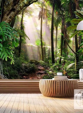 自然绿色丛林植物主题壁纸定制尺寸客厅卧室装饰壁画自粘立体墙贴