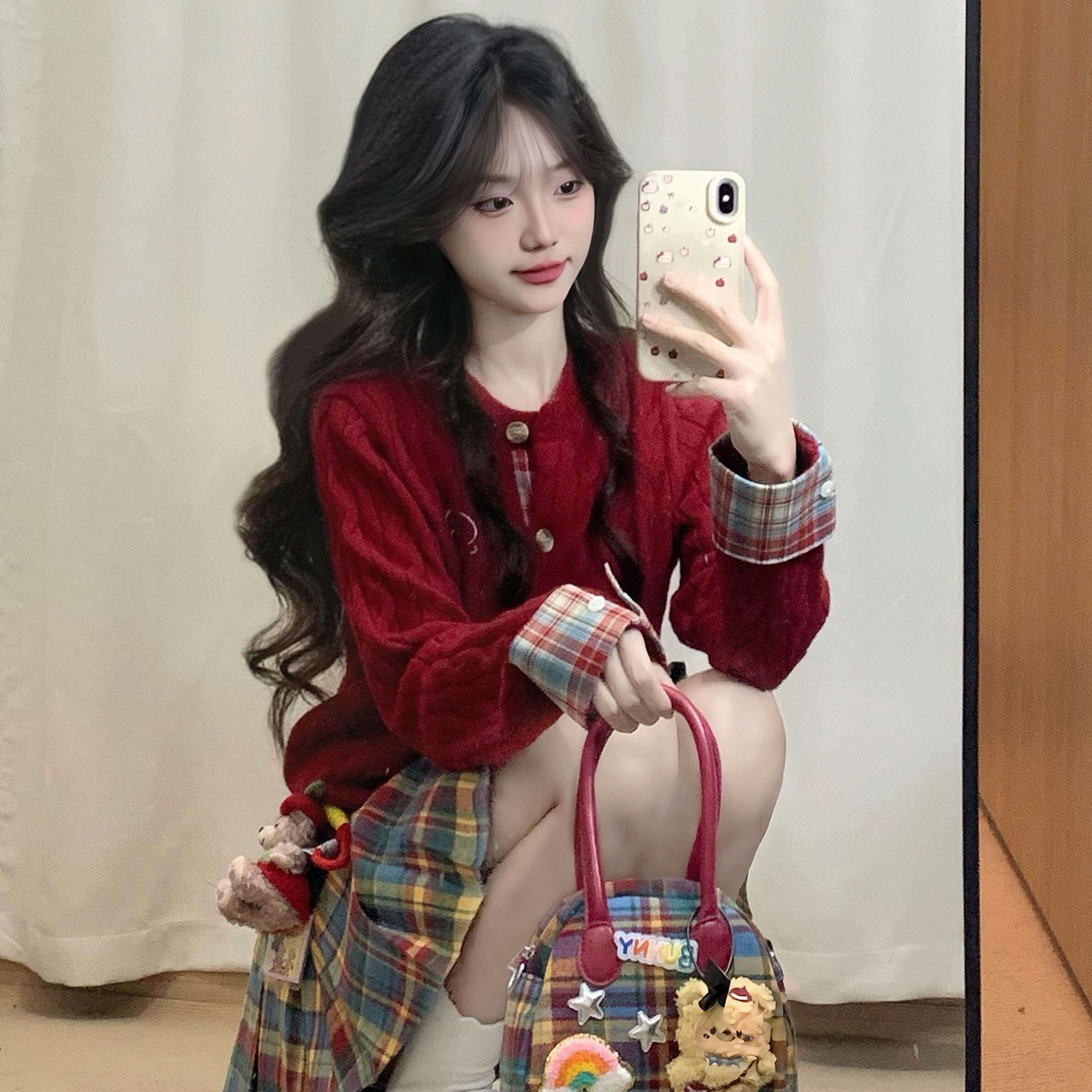 甜美红色拼接连衣裙子女