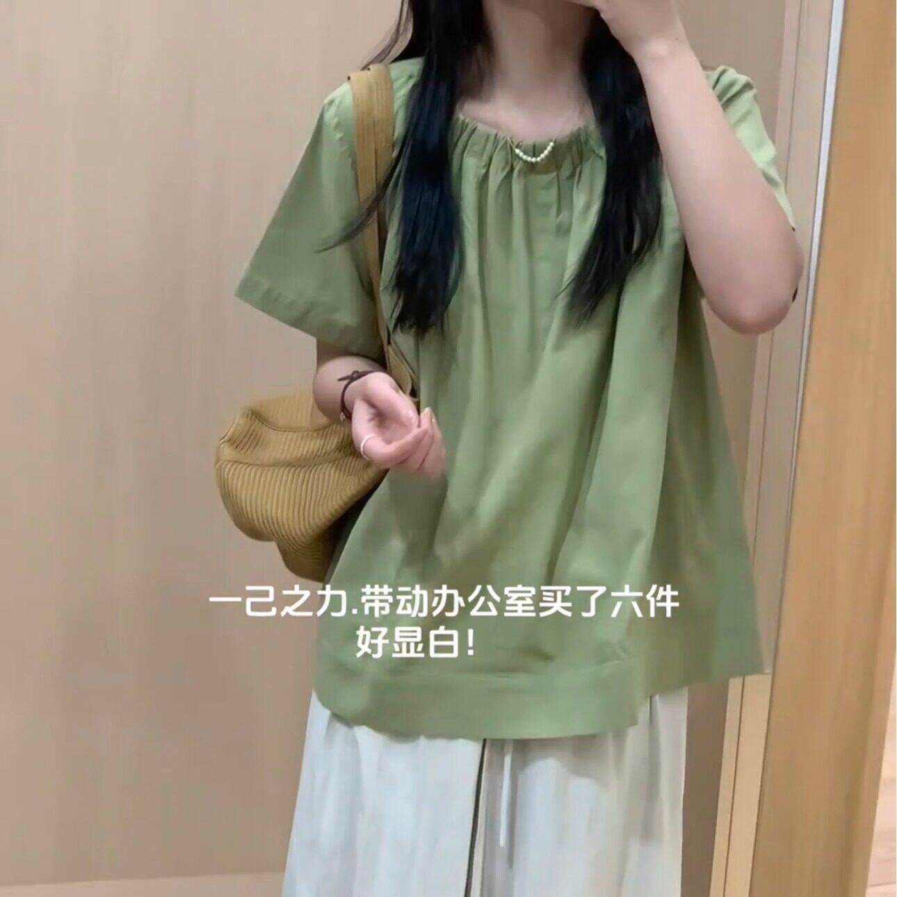 法式绿色棉麻短袖衬衫女