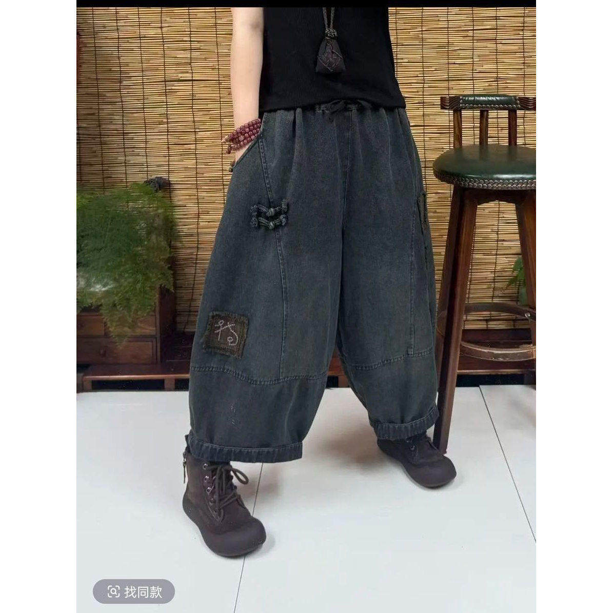 春夏新款复古新中式沙洗炒色做旧宽松大尺码刺绣布贴盘扣牛仔老爹