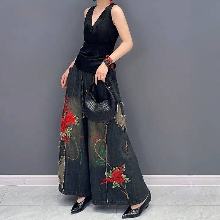 春秋大码女装国风牛仔裤新款复古时尚高腰民族风刺绣花阔腿裤百搭